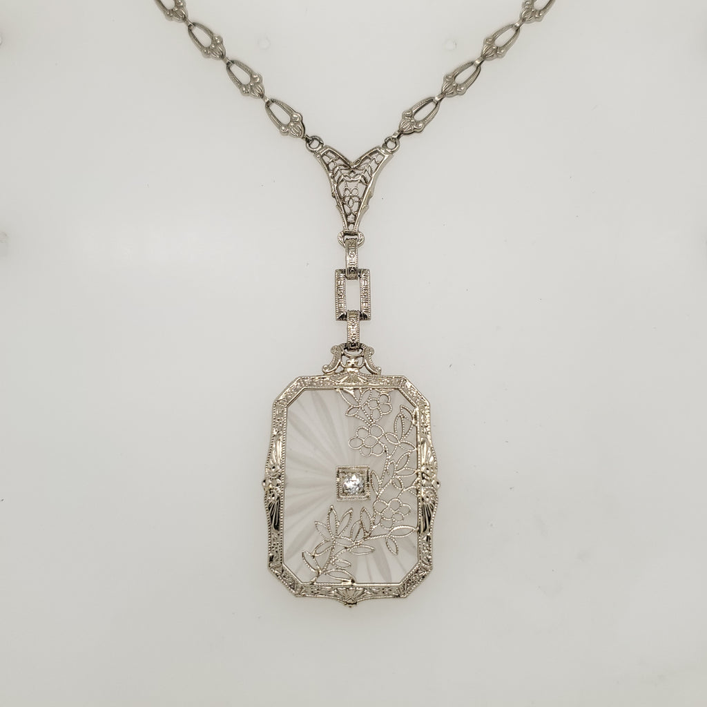Art Deco 14kt White Gold Double Camphor Glass and Diamond Pendant Necklace