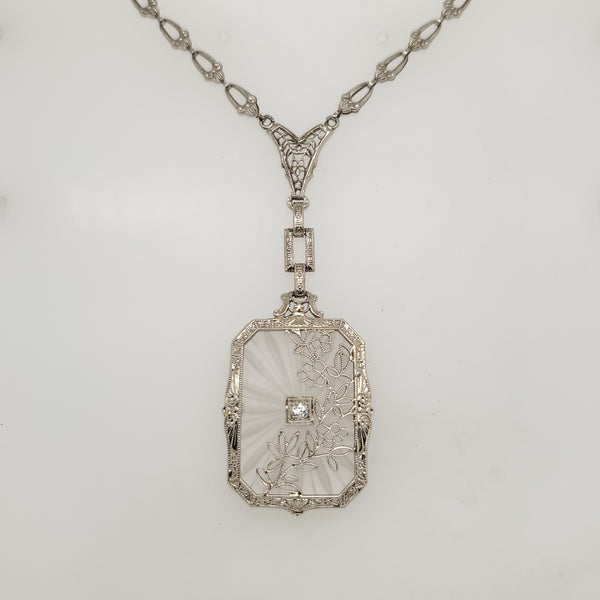 Art Deco 14kt White Gold Double Camphor Glass and Diamond Pendant Necklace