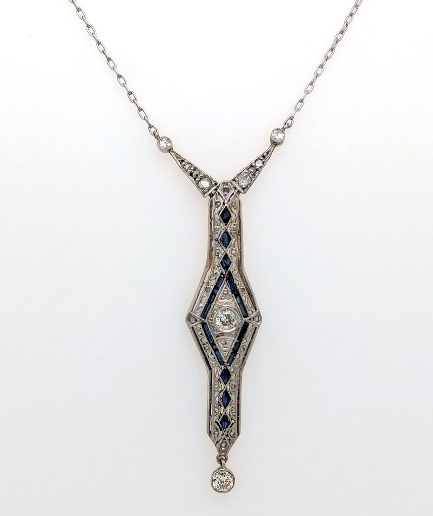 Platinum and 18K Yellow Gold Art Deco Y-Shaped Pendant with Diamonds and Sapphires