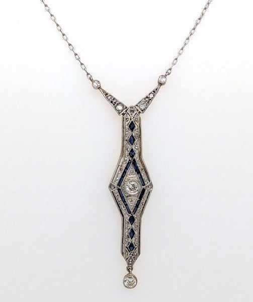 Platinum and 18K Yellow Gold Art Deco Y-Shaped Pendant with Diamonds and Sapphires