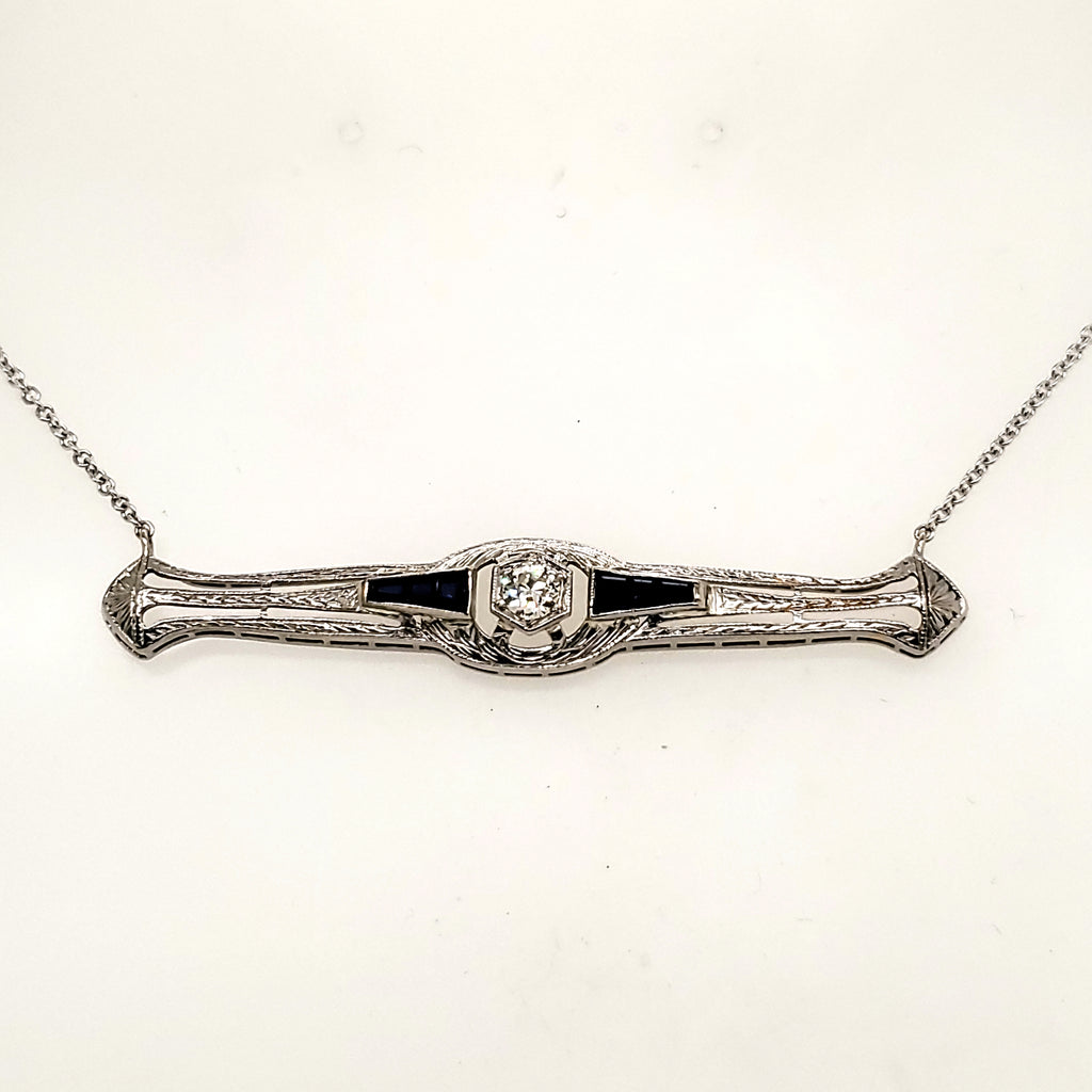 Art Deco 14kt White Gold Diamond and Sapphire East/West Necklace