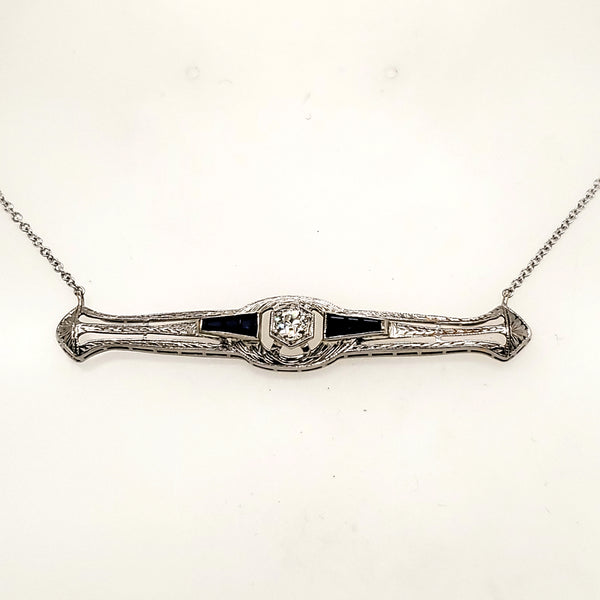 Art Deco 14kt White Gold Diamond and Sapphire East/West Necklace