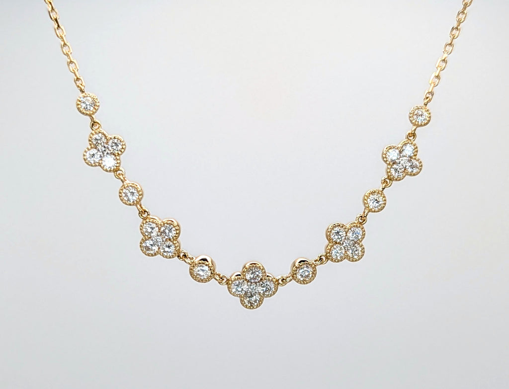 14K Yellow Gold and Diamond Clover Necklace
