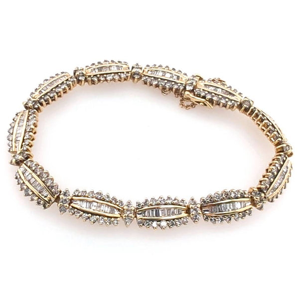 14kt Yellow Gold round and Baguette Cut Diamond Bracelet