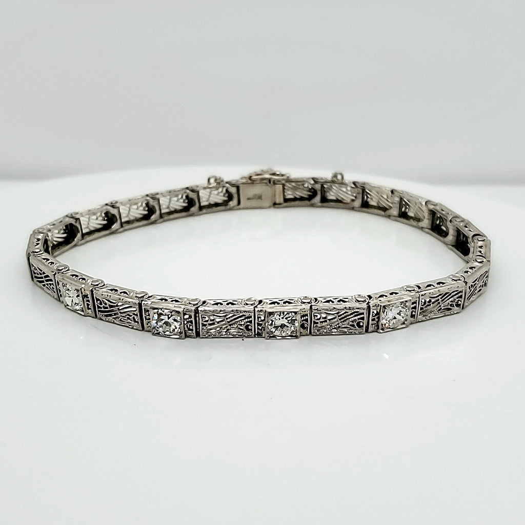 Art Deco 14kt White Gold Diamond Filigree Bracelet