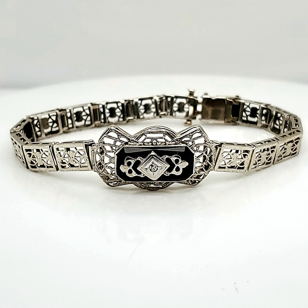 Art Deco 14kt White Gold Diamond and Onyx Filigree Bracelet