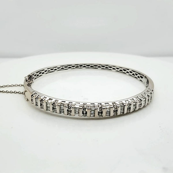 14kt White gold round and Baguette Diamond Bangle Bracelet