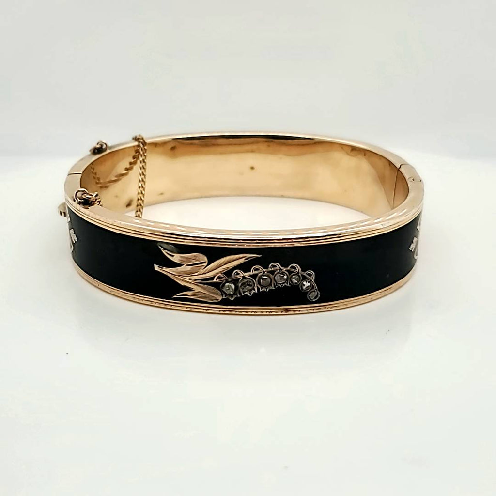 Antique Mid Victorian 10Kt Yellow Gold Black Enamel And Rose Cut Diamonds Hinged Bangle Bracelet