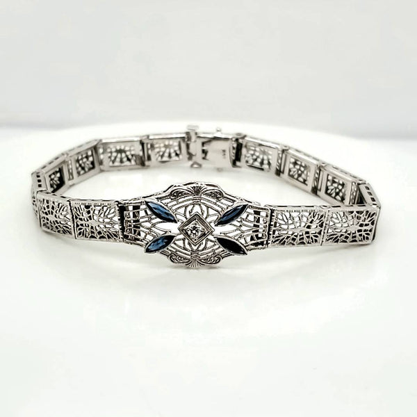 Art Deco 14kt White Gold Diamond and Sapphire Filigree Bracelet