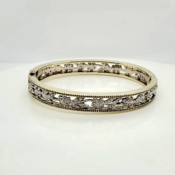 14kt Yellow and White gold Vine Motif Diamond Bangle Bracelet