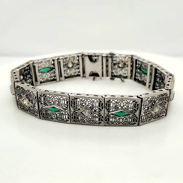 Art Deco 14kt White Gold Diamond and Emerald Filigree Bracelet