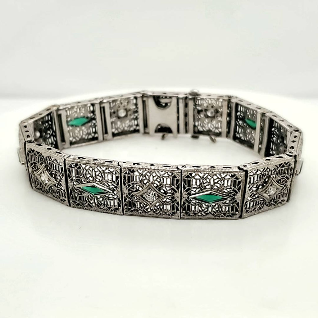 Art Deco 14kt White Gold Diamond and Emerald Filigree Bracelet