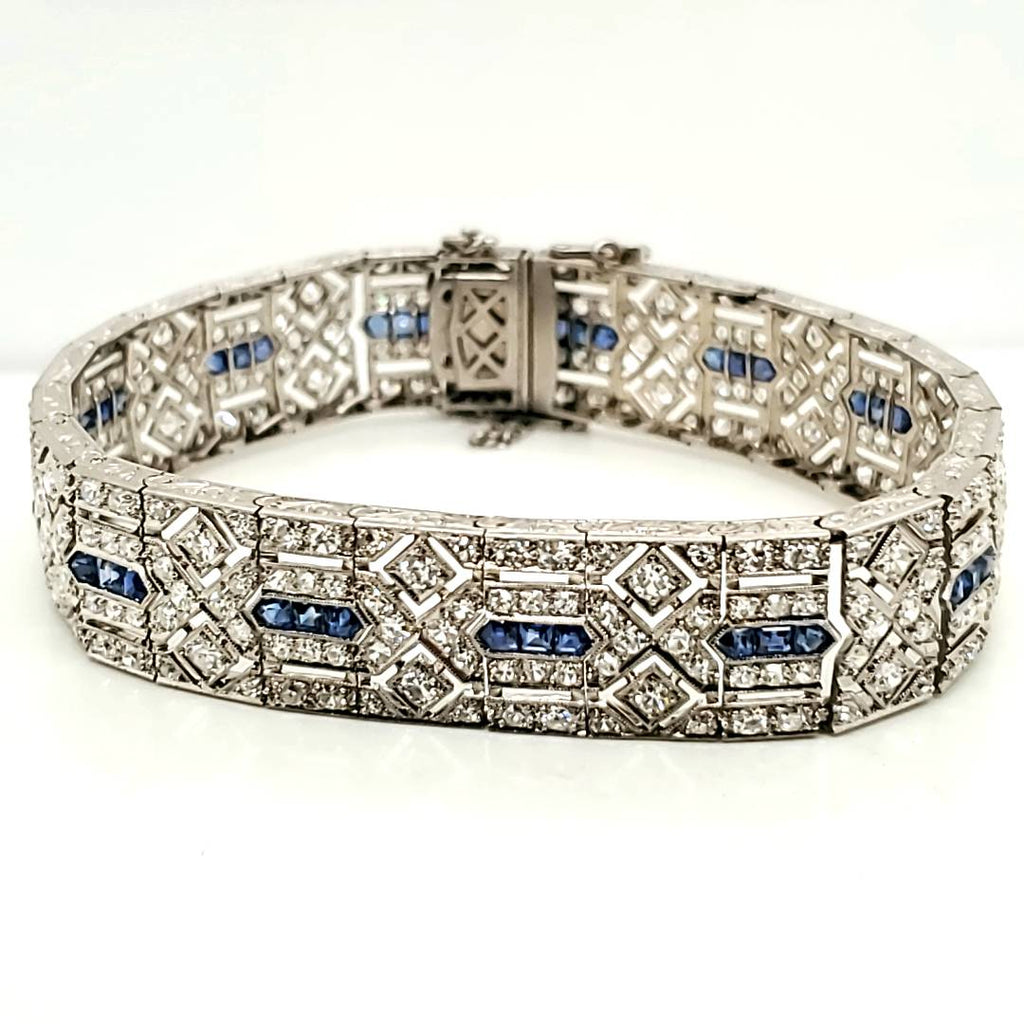 Art Deco Platinum Diamond and Sapphire Filigree Bracelet