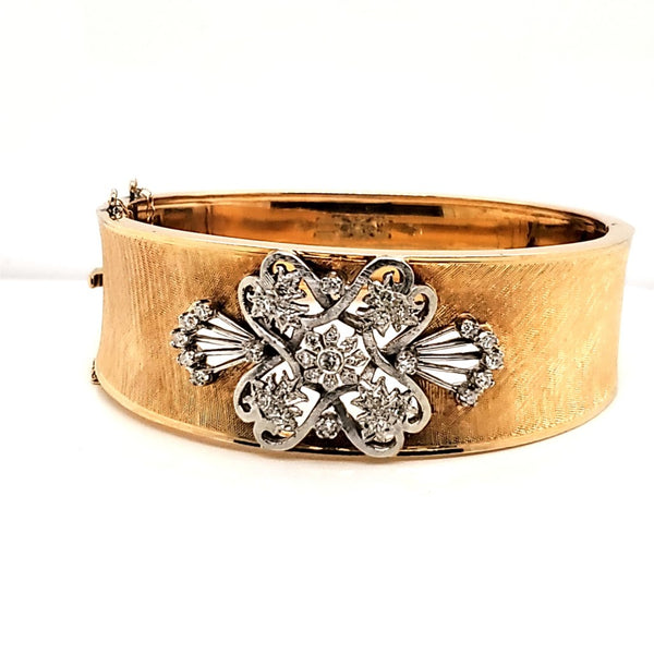 Vintage 23Mm Wide 18Kt Yellow Gold Bangle Bracelet Inset With An Art Deco Diamond Filigree Center Section