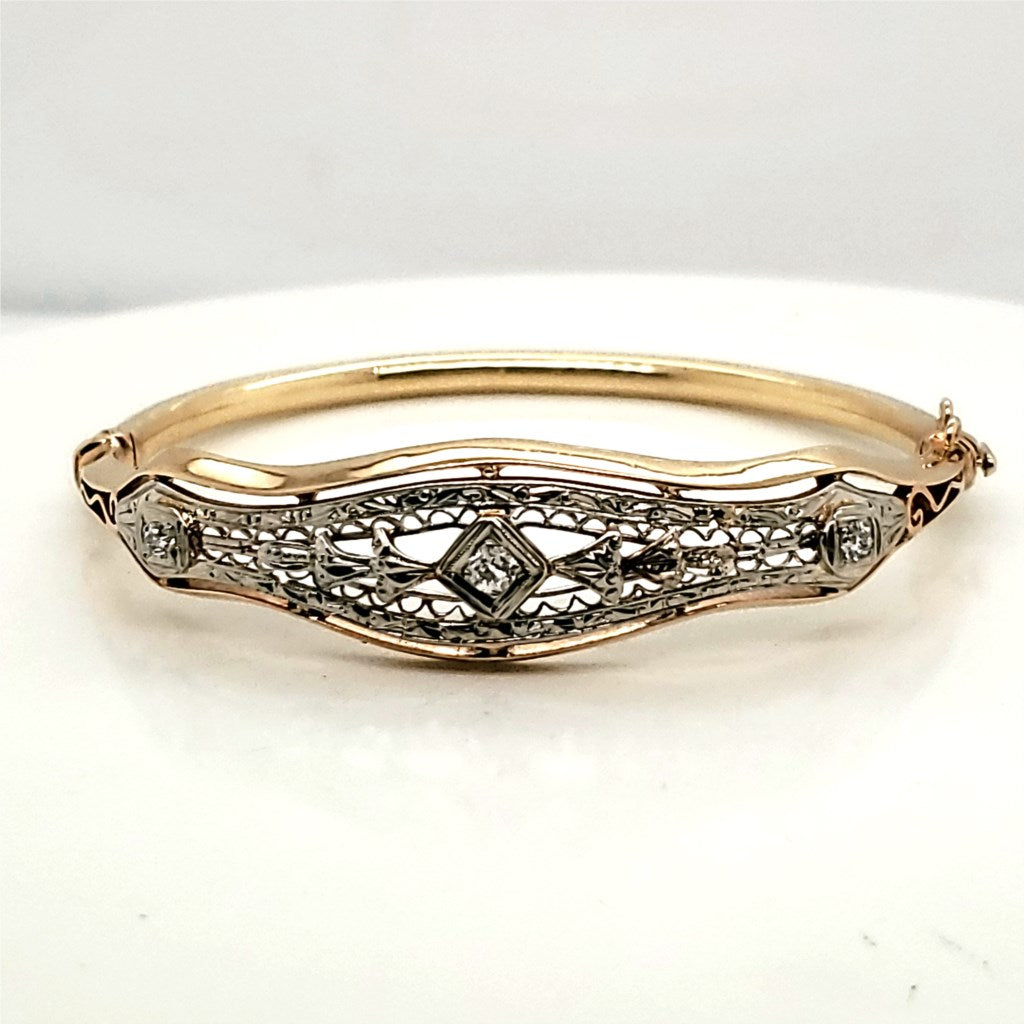 14kt Yellow and White Gold Art Deco Diamond Bangle Bracelet