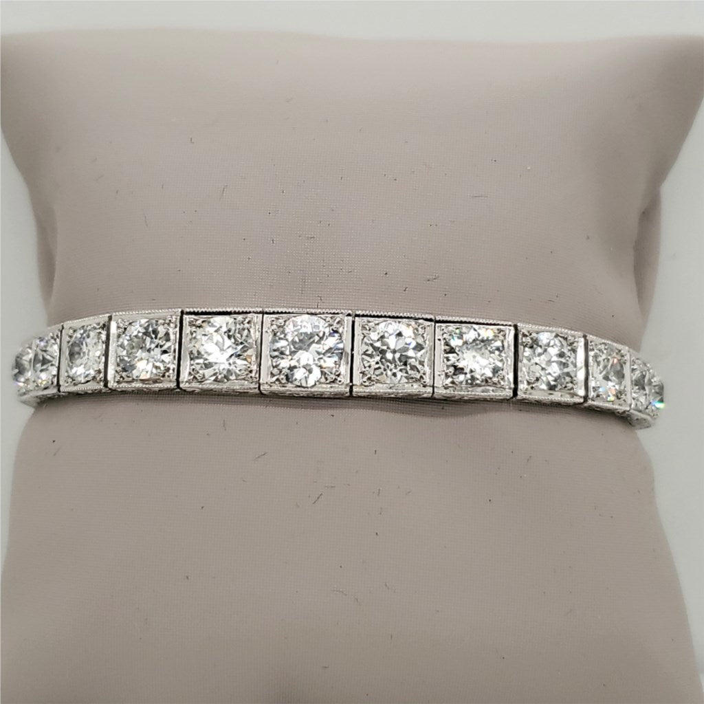 Art Deco Platinum Engraved Diamond Line Bracelet