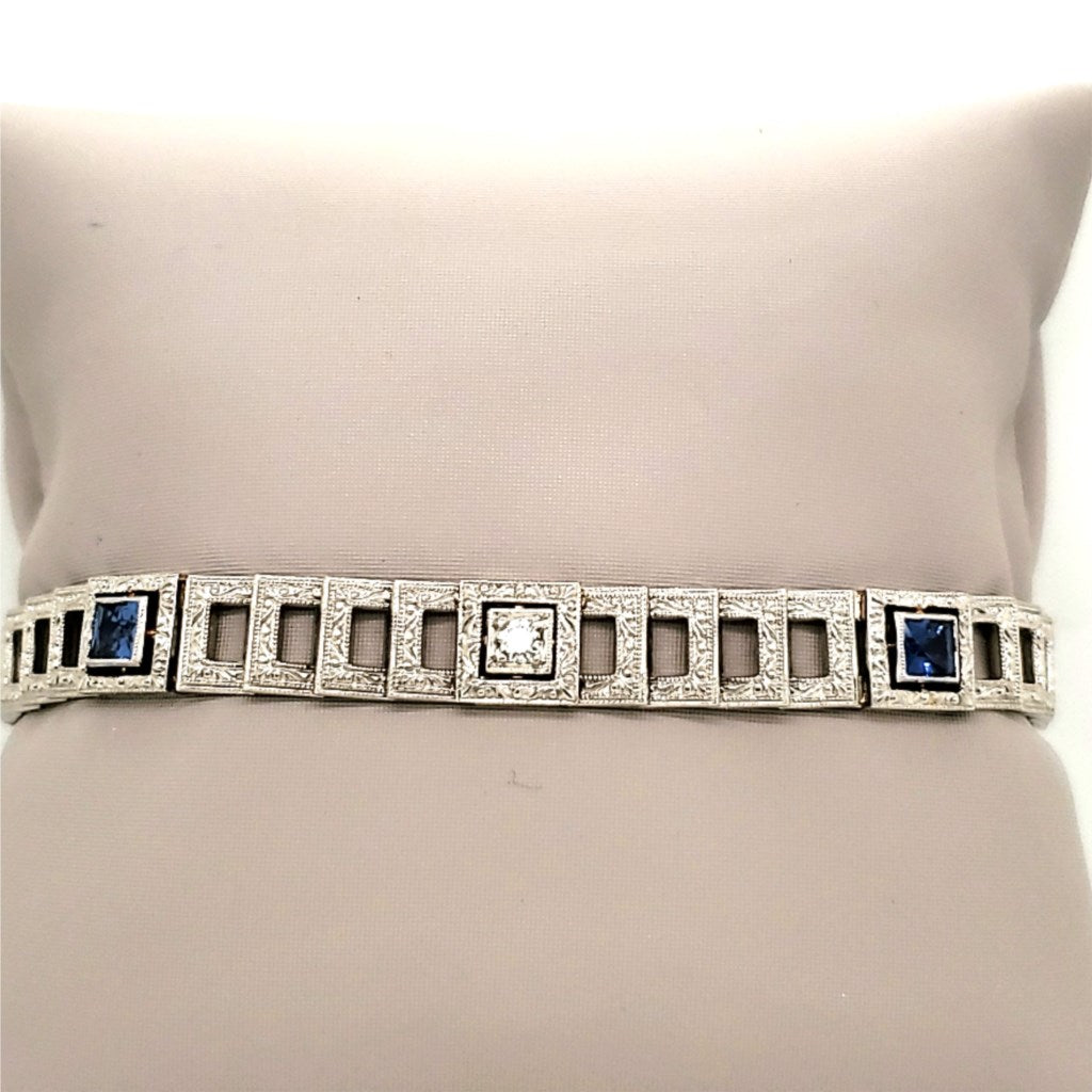 Art Deco Platinum on 18kt Yellow Gold Diamond and Sapphire Filigree Bracelet