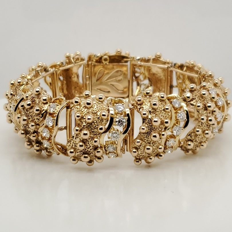 Vintage Brutalist 14kt Yellow Gold and Diamond Bracelet
