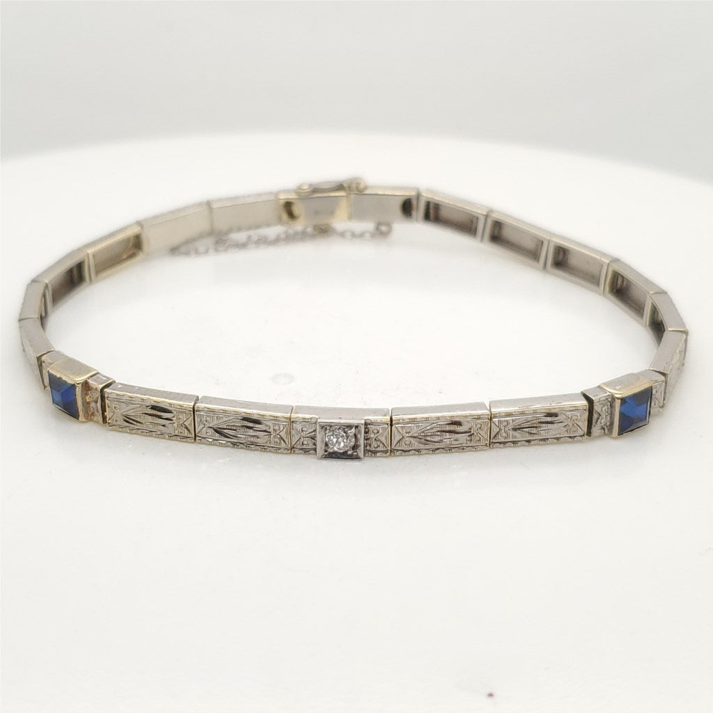 Art Deco 14kt White Gold Filigree Sapphire and Diamond Bracelet