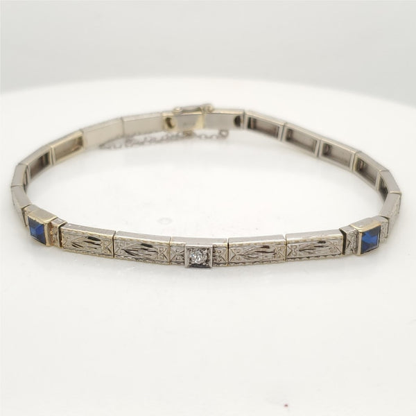 Art Deco 14kt White Gold Filigree Sapphire and Diamond Bracelet