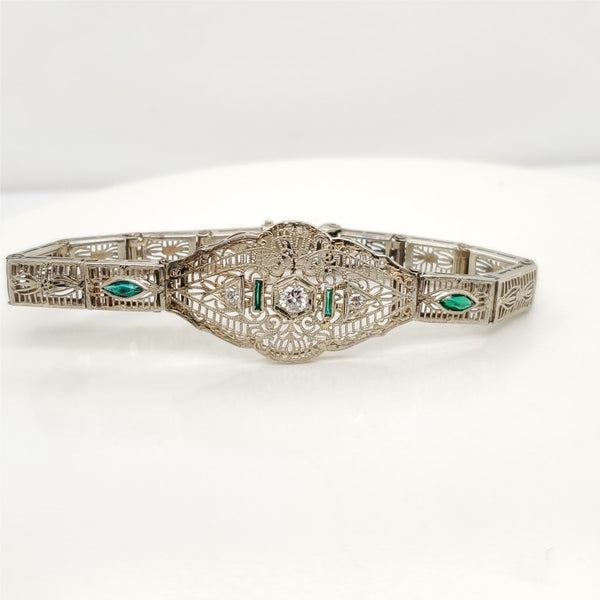 Art Deco14kt White Gold Diamond and Emerald Filigree Bracelet