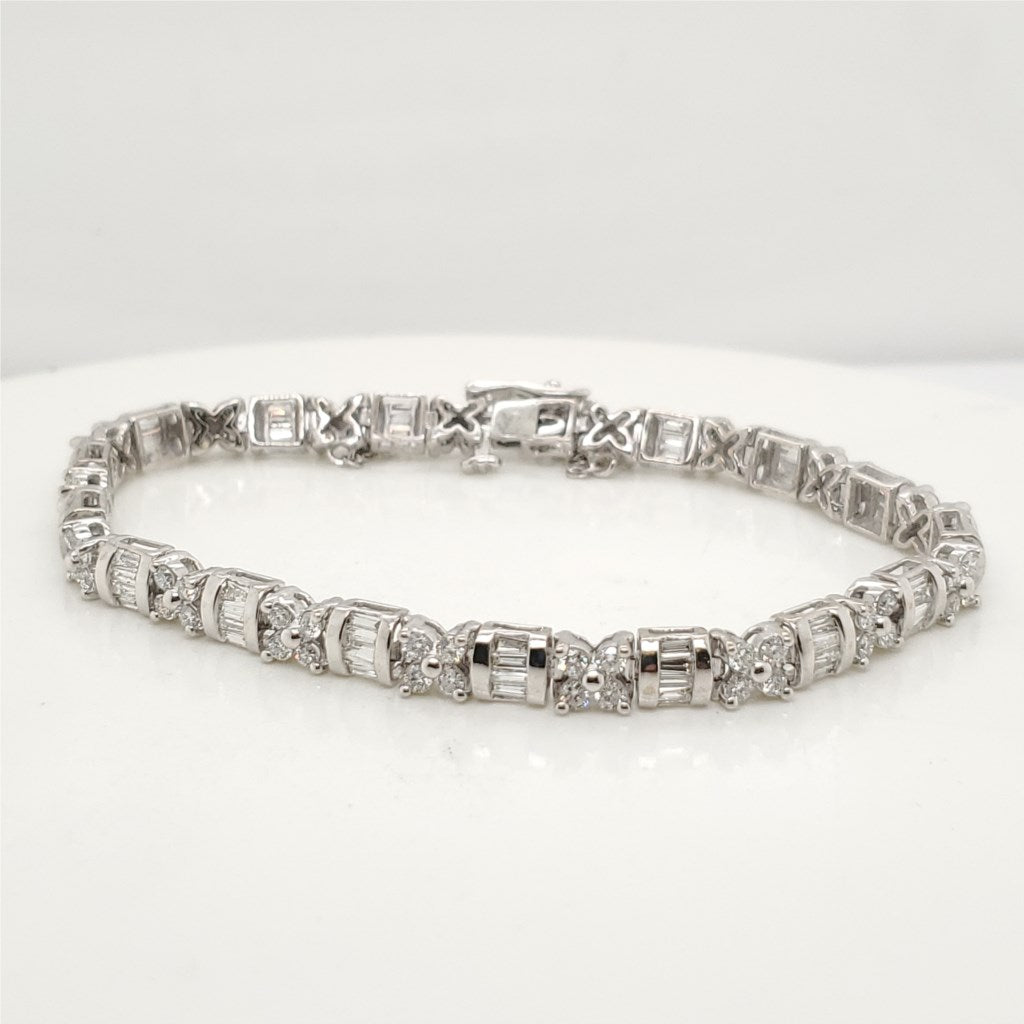 18kt White Gold 2.11 Carat Total Weight Round and Baguette Cut Diamond Bracelet