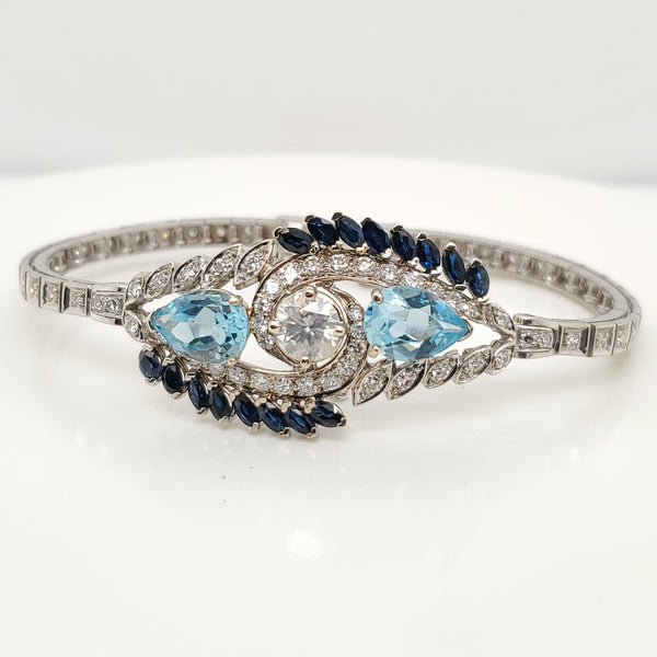 Vintage 14kt White Gold Diamond Blue Topaz and Sapphire Bracelet