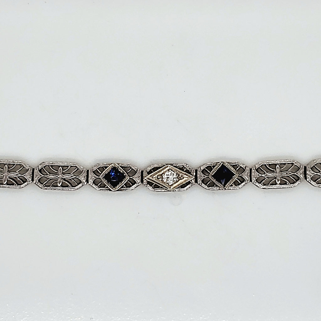 Art Deco 14kt White Gold Filigree Diamond and Sapphire Bracelet