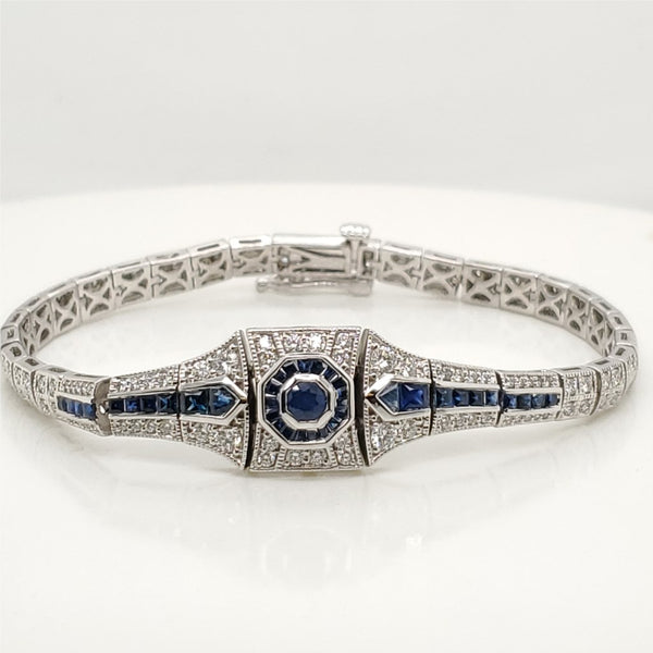 Modern Art Deco Style 14kt White Gold Diamond and Sapphire Bracelet