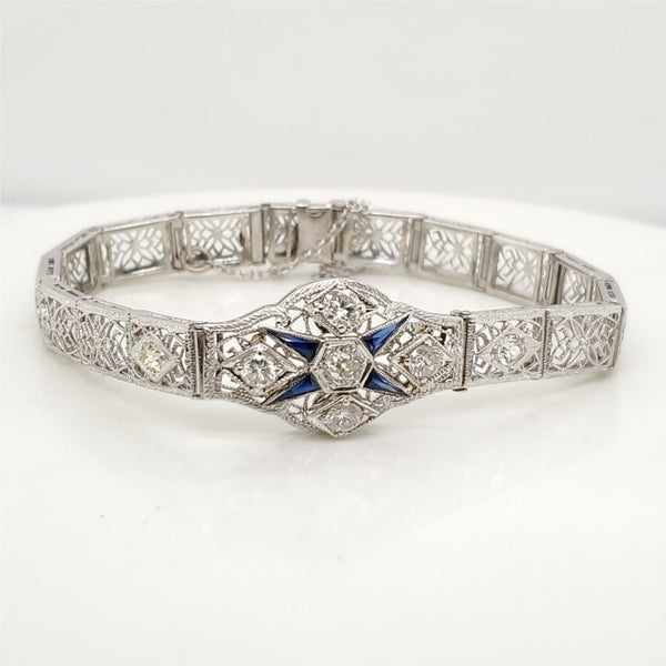 Art Deco Platinum on 14kt White Gold Diamond and Emerald Filigree Bracelet