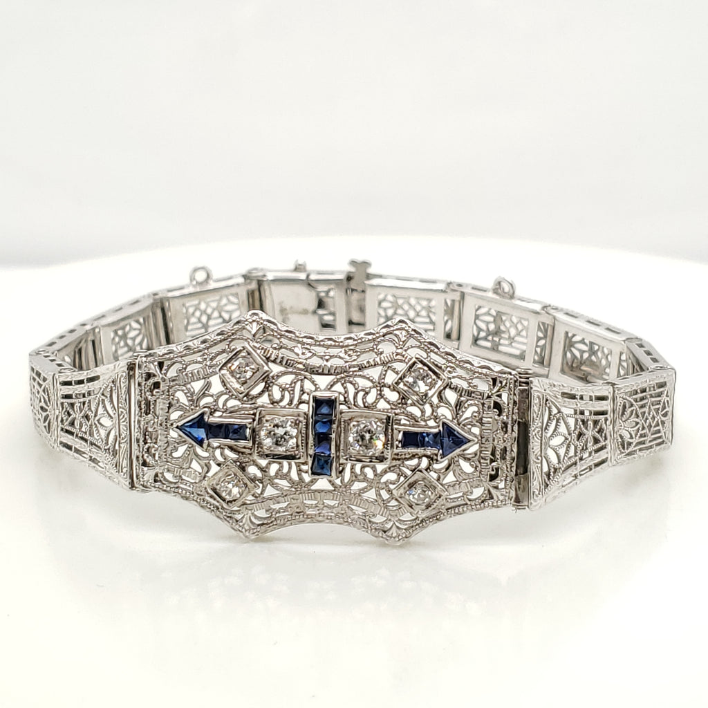 Art Deco 14kt White Gold Filigree Sapphire and Diamond Bracelet