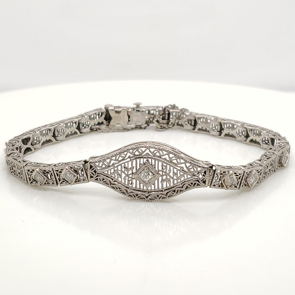 Art Deco 14kt White Gold Filigree Diamond Bracelet