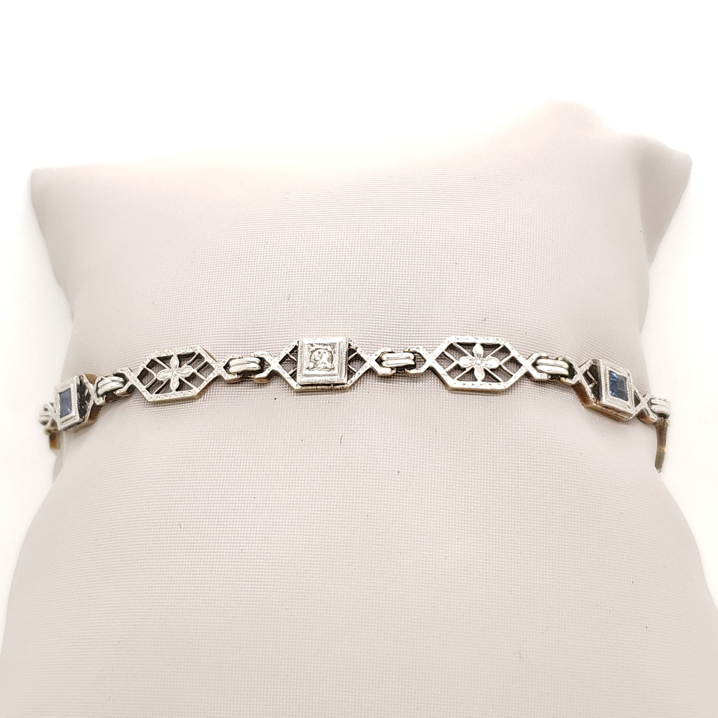 Art Deco Platinum on 14kt Yellow Gold Filigree Sapphire and Diamond Bracelet