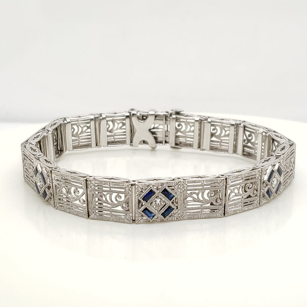 Art Deco 14kt White Gold Filigree Sapphire and Diamond Bracelet