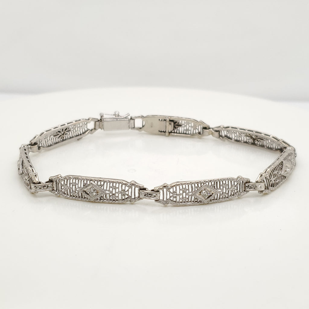 Art Deco 14kt White Gold Filigree Diamond Bracelet