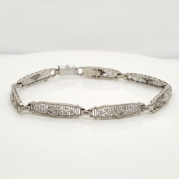 Art Deco 14kt White Gold Filigree Diamond Bracelet