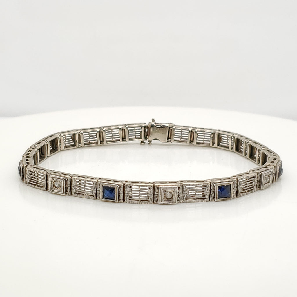 Art Deco 14kt White Gold Filigree Sapphire and Diamond Bracelet