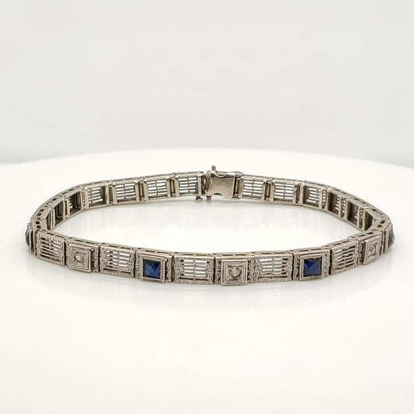 Art Deco 14kt White Gold Filigree Sapphire and Diamond Bracelet