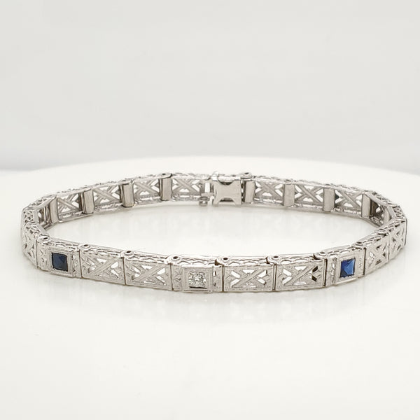 Art Deco 14kt White Gold Filigree Sapphire and Diamond Bracelet