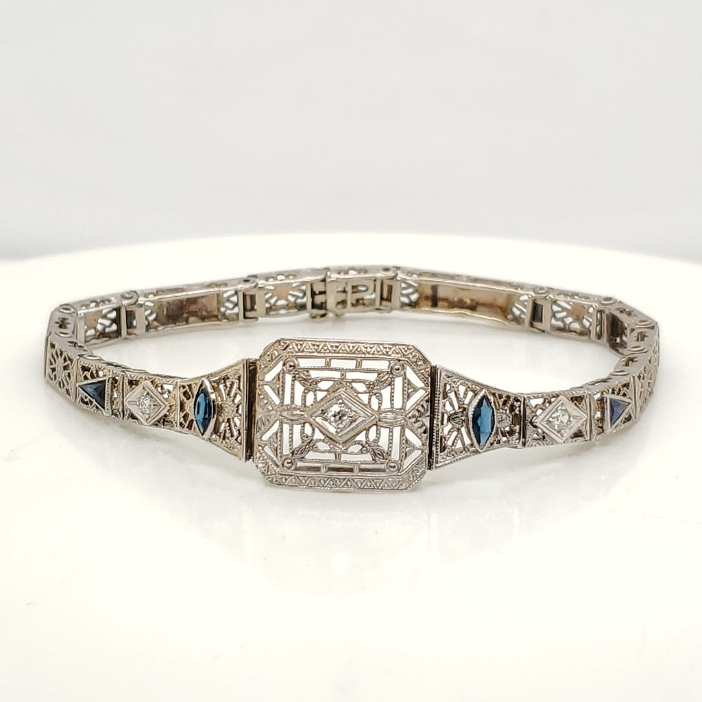 Art Deco 14kt White Gold Filigree Sapphire and Diamond Bracelet