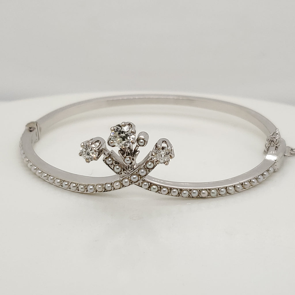 Vintage 14Kt White Gold Diamond and Seed Pearl Bangle Bracelet