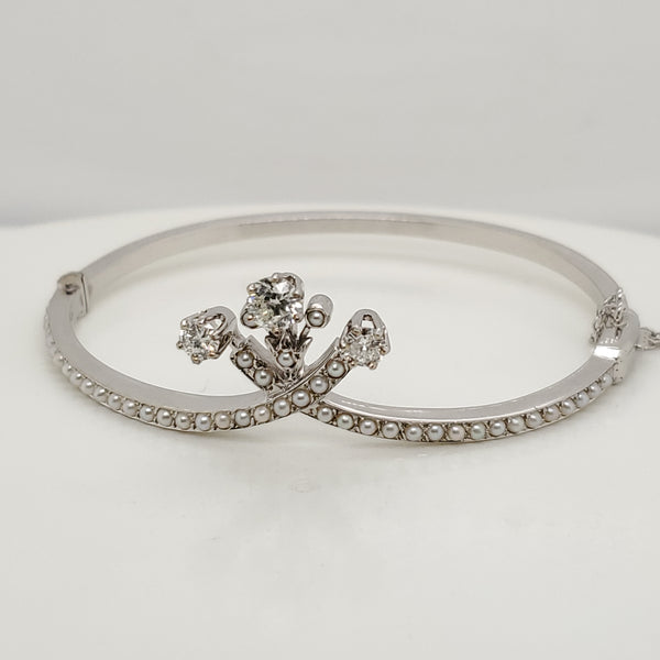Vintage 14Kt White Gold Diamond and Seed Pearl Bangle Bracelet