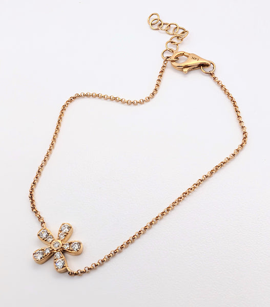 14K Yellow Gold Diamond Flower Station Bracelet 7""