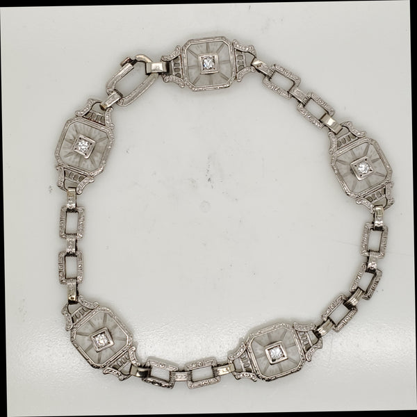 Art Deco 14kt White Gold Camphor Glass Bracelet With Diamond