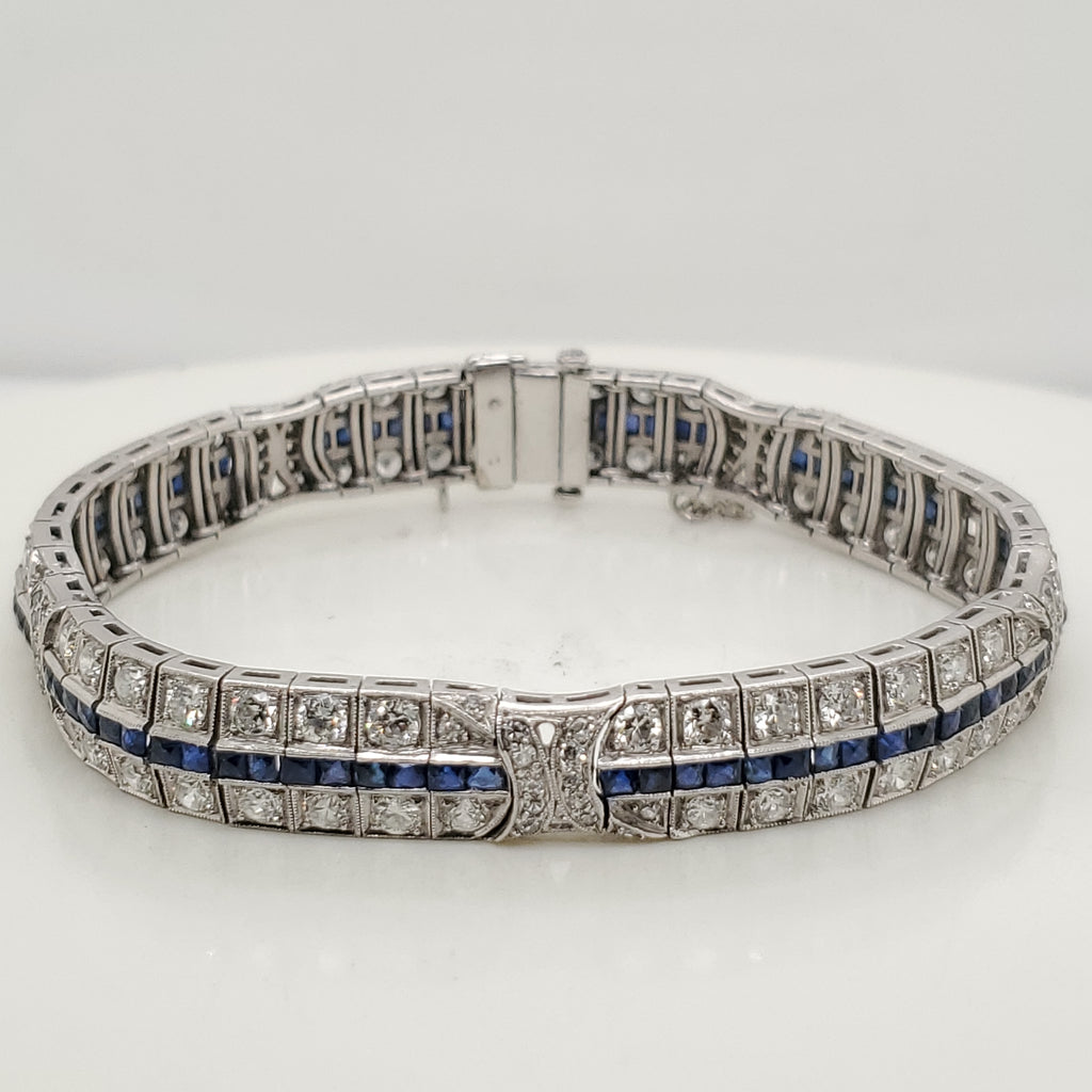Art Deco Platinum Diamond and Sapphire Filigree Bracelet