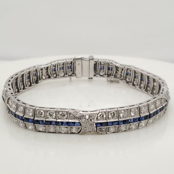 Art Deco Platinum Diamond and Sapphire Filigree Bracelet