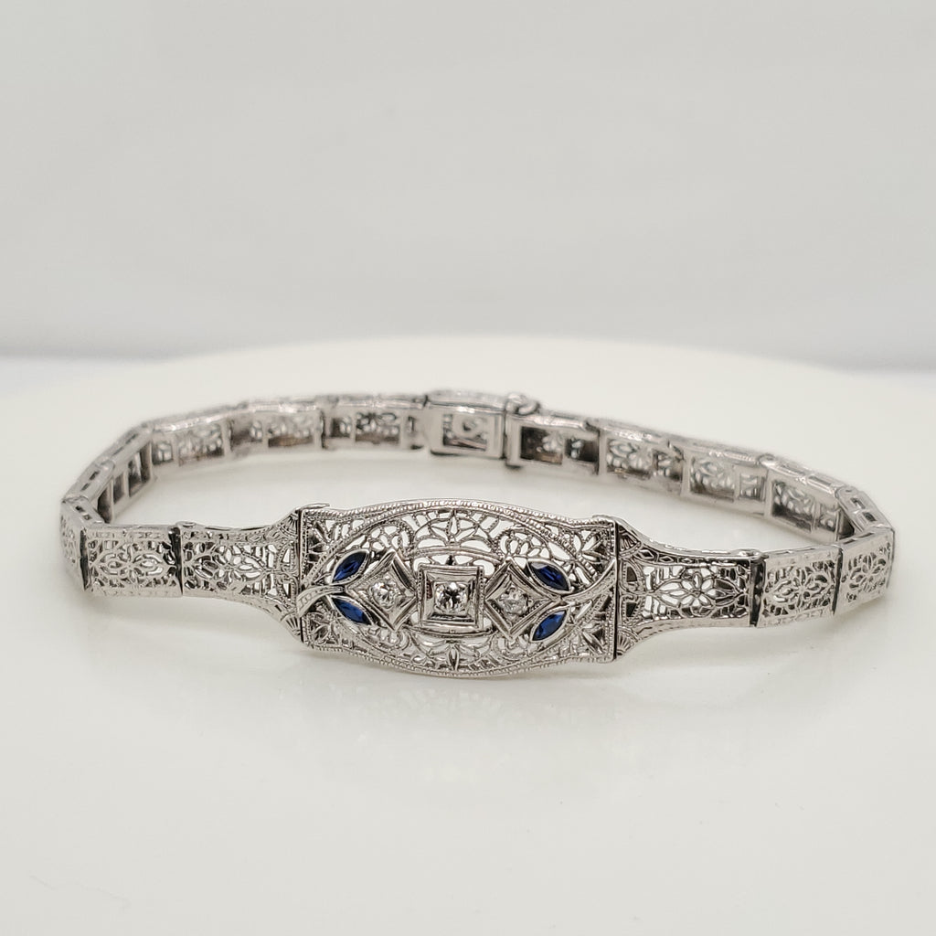 Art Deco 14kt White Gold, Diamond and Sapphire Bracelet