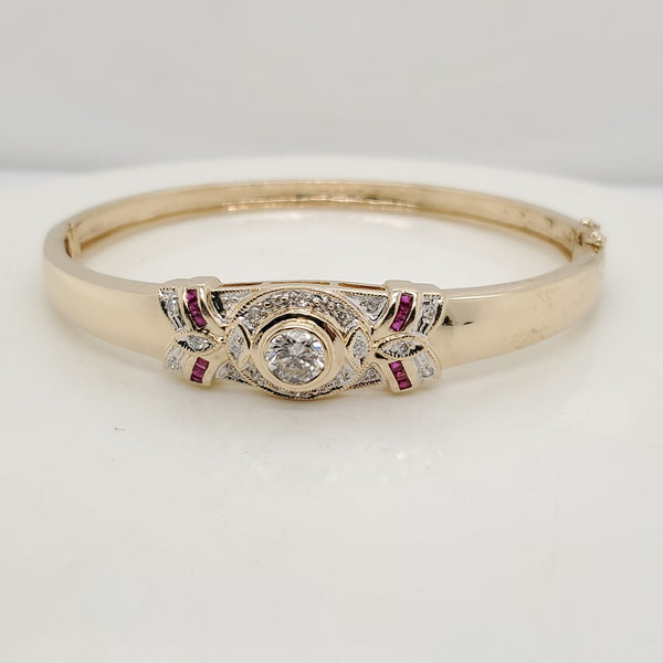 14kt Yellow Gold Diamond and Ruby Hinged Bangle Bracelet