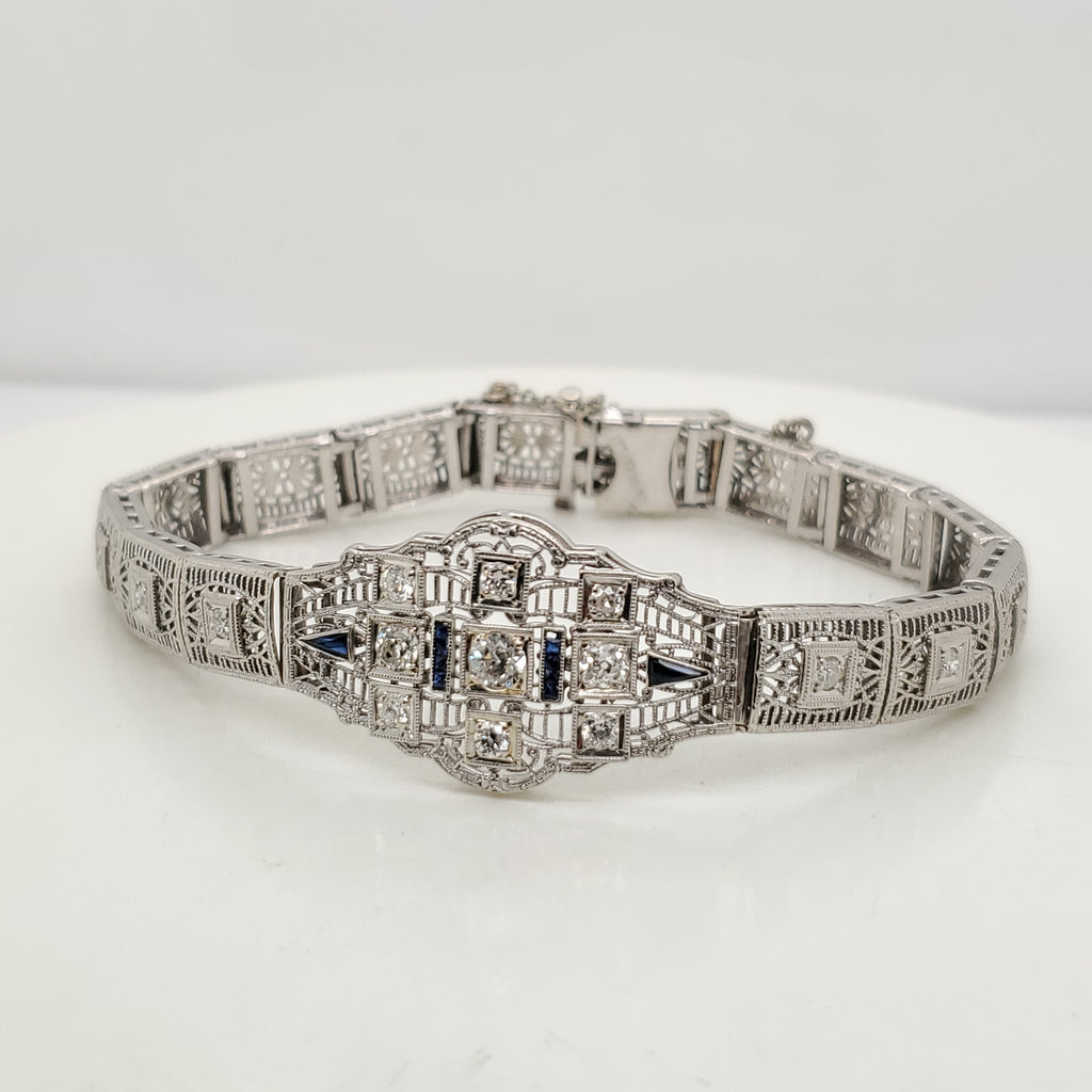 Art Deco Platinum on 14kt White Gold Diamond and Sapphire Bracelet