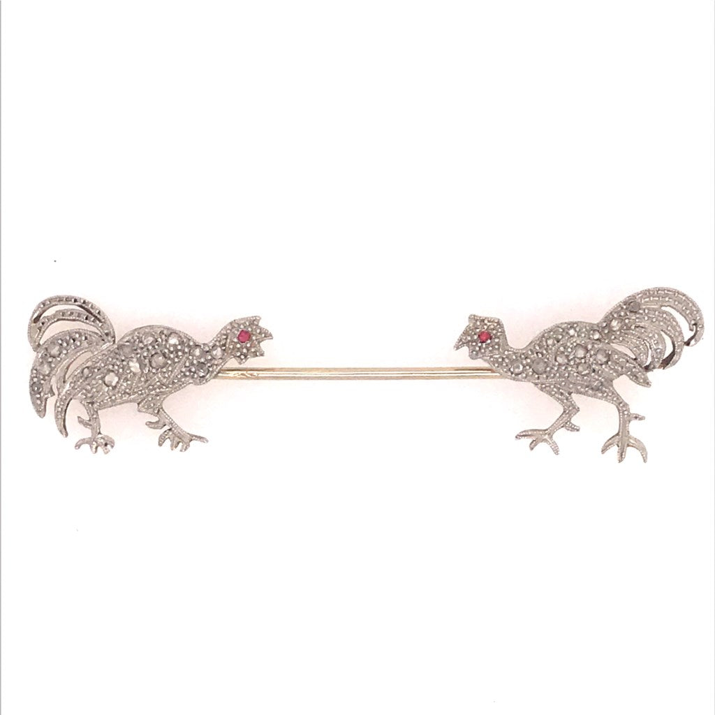 Vintage French 18Kt Gold Diamond And Ruby Rooster Jabot Pin